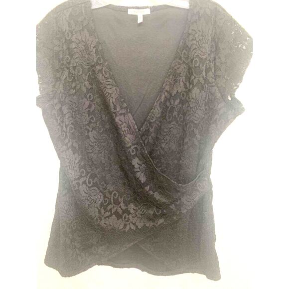Maurices Black Blouse Long Large Faux Wrap Lace Deep V Neck Sexy Glam Romantic - Picture 1 of 5